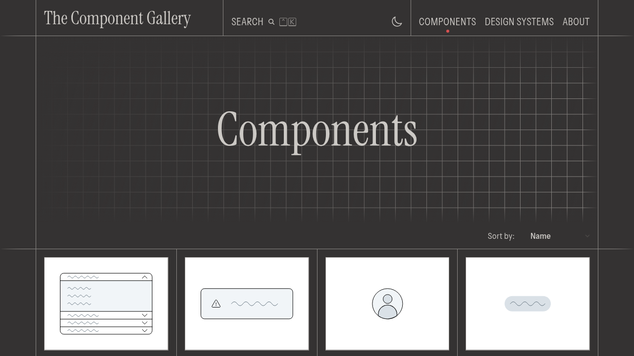 Components 一覧ページ(ButtonやCard、Modalなどが並ぶ)