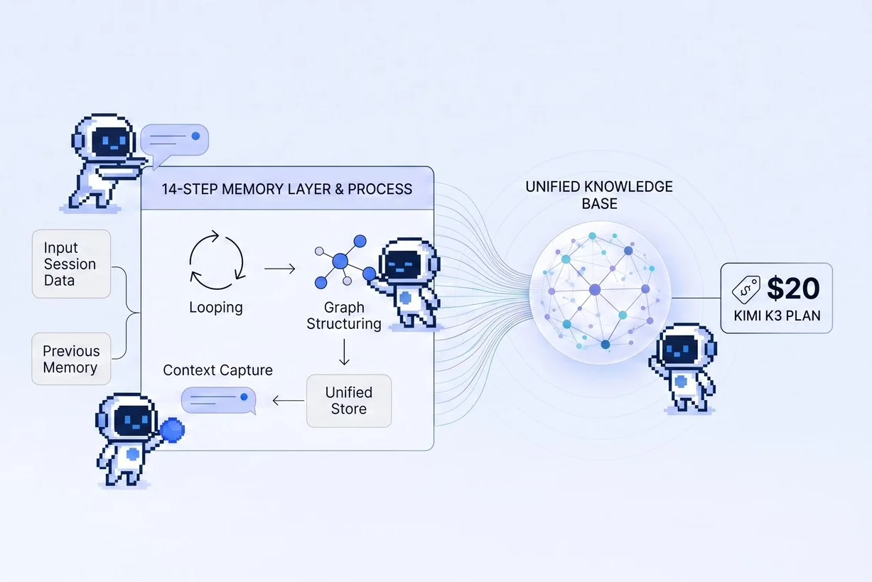 X記事「300 AGENTS, ONE GRAPH, AND A LOOP THAT EDITS THE LOOP」の公式カバー画像。Kimi K3の14ステップ・メモリループとグラフ設計を図解