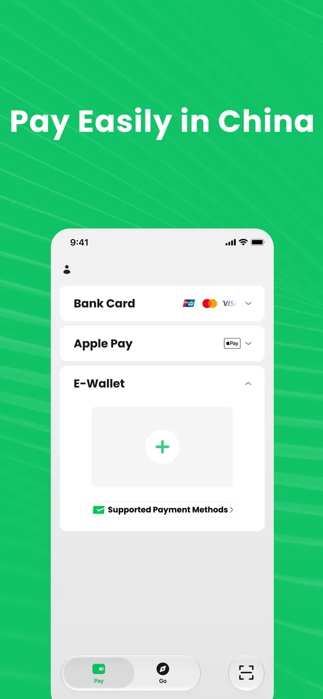 TenPayGoの支払い方法選択画面(Bank Card・Apple Pay・E-Walletの3択と、対応する支払い手段の一覧)